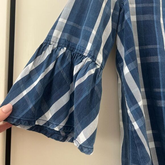 John Mark Blue Plaid Ruffle Sleeve Top Women's Size Medium Tunic Shirt - Picture 5 of 7